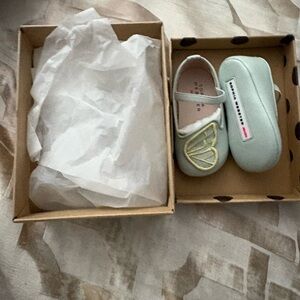 Sophia Webster mint and yellow Baby Moccasins